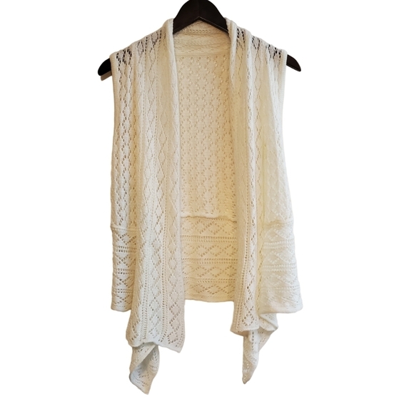 VINTAGE | Boho Cottage Asymmetrical Lace Cream White Sleeveless  Cardigan (XXS) - Picture 2 of 8